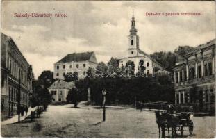 Székelyudvarhely, Odorheiu Secuiesc; Deák tér, plébánia templom, lovaskocsi. Betegh Pál és Társa kiadása / church, square, horse cart (EK)