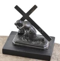 Tintatartó, figurális, bronz, márvány talapzaton, üvegbetét hiánnyal, 25x43x14,5 cm