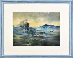 Scharl Artúr (1870-1918): Óceánjáró viharban. Akvarell, papír, jelzett, üvegezett fakeretben, 24×33 cm