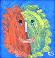SS jelzéssel: Piros-zöld fej. Akril, karton, fakeretben, 37x34,5 cm