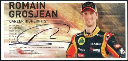 Romain Grosjean (1986- ) autóversenyző, Formula-1 pilóta autográf aláírása őt ábrázoló kártyán, tanúsítvánnyal, 21x10 cm / Romain Grosjean racing driver, F1 pilots autograph signed driver card, with certificate