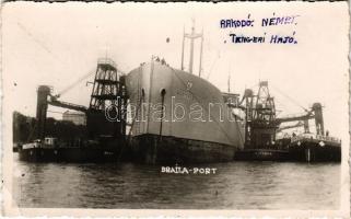 1937 Braila, Rakodó német tengeri hajó a kikötőben / Austvard, Canella, Corthion, Consuella ships at the port. photo (EK)