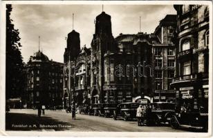 1936 Frankfurt a. M., Schumann Theater, Wintergarten, Taxi automobiles, shops + "MÜNCHEN-FRANKFURT BAHNPOST Z. 58."