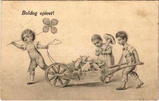1920 Boldog újévet! Kisgyerekek malacokkal / New Year greeting, children with pigs (EK)