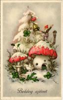 1943 Boldog újévet! Törpe gombaházzal / New Year greeting, dwarf with mushroom house (EK)