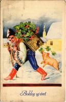 1943 Boldog újévet! Magyar legény malaccal / New Year greeting, Hungarian folklore, pig (EK)