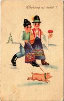 Boldog újévet! Magyar legények malaccal / New Year greeting, Hungarian folklore, pig (EK)