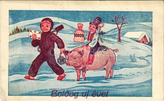 1940 Boldog újévet! Magyar legény és kéményseprő malaccal / New Year greeting, Hungarian folklore, chimney sweeper, pig (EK)
