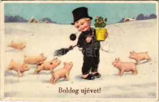 1942 Boldog újévet! kéményseprő malacokkal / New Year greeting, chimney sweeper with pigs (EK)