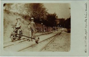 1905 Alcsút-Felcsút, vasútvonal, sínkerékpár / railway bicycle. photo