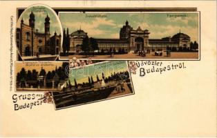 Budapest, Iparcsarnok, Dohány utcai zsinagóga, bejárat az állatkertbe, városligeti szökőkút. Carl Otto Hayd No. 416. Art Nouveau, floral, litho