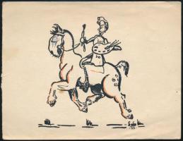Olvashatatlan jelzéssel: Lovas festő-katona (karikatúra), 1935. Cinkográfia, ceruza, papír, 11,5x15 cm
