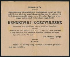 1922 Eger meghívó rendkívüli közgyűlésre, a Horthy ínségakcióval kapcsolatban