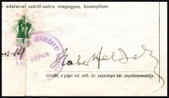 1939 Házassági anyakönyvi kivonat egy 1859-ben kötött házasságról, főrabbi aláírásával, okmánybélyeg...