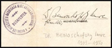 1941 Kivonat a Budai Izraelita Hitközség születési jegyzékéből, Dr. Benochofsky Imre főrabbi aláírás...