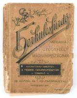 Tatartzy Károly: Herkulesfürdő (Mehádia) gyógyhely Magyarországban. Kivonatosan ismerteti --. Bp. (1888.) Czettel és Deutsch, 34 p.+17 t.+1 (térkép) t. Kiadói illusztrált papírkötés, sérült gerinccel és kötéssel, hiányos, bélyegzésekkel, a címlapon bejegyzésekkel, a kihajtható, a 35 képet tartalmazó leporellókból több kép hiányzik: 18 db, 4 kép elvált a többitől és kijár.