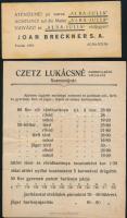cca 1930 Czetz Lukácsné Szamosújvár, Joan Breckner Alba Iulia 2 db reklám nyomtatvány