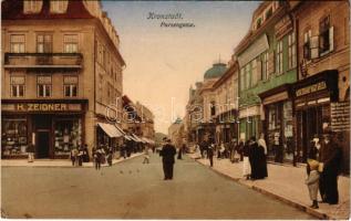 1912 Brassó, Kronstadt, Brasov; Purzengasse, Providenta / utca, M. kir. dohány nagy áruda, H. Zeidner üzlete és saját kiadása / street, shops