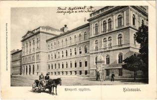 Kolozsvár, Cluj; Központi egyetem, hirdetőoszlop, lovaskocsi. Schuster Emil kiadása / university, horse cart, advertising column (EK)