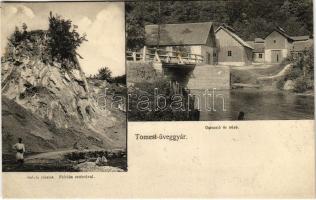 Tomest, Tamásd, Tomesti; Üveggyár, csiszoló és zúzó, szikla a Flórián szoborral / glass factory, rock with statue, grinder and crusher