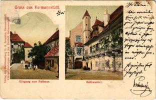 1905 Nagyszeben, Hermannstadt, Sibiu; Eingang zum Rathaus, Rathaushof / Városháza bejárata és udvara. Chromophototypie von Jos. Drotleff / town hall, entrance and courtyard (EK)