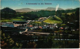 Alsófernezely, Felsőfernezely, Ferneziu, Firiza; M. kir. ferenezelyi fémkohó, iparvasút. Kovács Gyula kiadása / mine, factory, furnace, industrial railway (szakadás / tear)