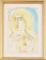 Olvashatatlan jelzéssel: A két Mária. Akvarell, ceruza, papír. Üvegezett fakeretben.16x9,5 cm