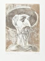 Almásy László (1926-): Don Quijote. Rézkarc, papír, jelzett, számozott (28/295), hátoldalán autográf felirattal, 20×14,5 cm
