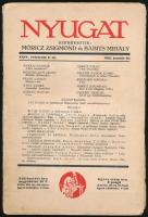 1931 Nyugat XXIV. évf. 2. sz., 1931. jan. 16. Szerk.: Móricz Zsigmond és Babits Mihály. Benne Makkai Sándor, Kosztolányi Dezső, Móricz Zsigmond és mások írásaival, Fáy Dezső fametszeteivel. Kissé sérült, foltos, helyenként kijáró lapokkal.