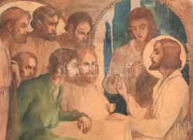 Gebauer Ernő (1892-1962): Az utolsó vacsora, 1914. Akvarell, ceruza, papír. Jelzett. Kartonra kasíro...