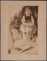 Prihoda István (1891-1956): Merengő kislány, rézkarc, papír, jelzett, 29×18 cm