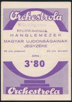 cca 1930-1940 Orchestrola hanglemez árjegyzék a Wagner hangszeráruház pecsétjével