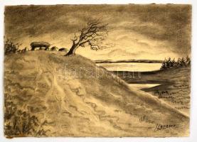 I Larsson jelzéssel: Dombos vidék, szén, papír, hátulján feliratozva, 30×42 cm