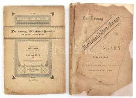 Oskar Berán: Zur Lösung der Nationalitäten - Frage in Ungarn. Weisskirchen/Fehértemplom, 1899., Szerzői, J. Wunder-ny., 240 p. Német nyelven. Papírkötés, a borítóján amatőr javítások, foltos, sérült, részben hiányos borítóval. Ritka német nyelvű délvidéki kiadás! + Josef Hörk: Die evang. Märtyrer-Familie des helden Andreas Herzer. Bp., 1906., Hornyánszky Viktor, 2+108+3 p. Német nyelven. Kiadói papírkötésben, foltos borítóval, felvágatlan lapokkal.