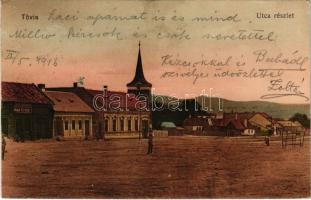 1916 Tövis, Teius; utca részlet, Ábrahám Testvérek üzlete, templom. Vasúti Levelezőlapárusítás 8412. / street view, shops, church (EK)