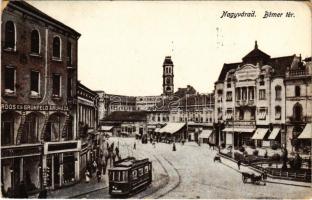 1913 Nagyvárad, Oradea; Bémer tér, villamos, Erdős és Grünfeld üzlete / square, tram, shops (EB)