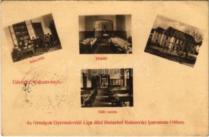 1913 Kolozsvár, Cluj; Az Országos Gyermekvédő Liga által fenntartott Kolozsvári Iparosinas Otthon. Könyvtár, ebédlő, hálószoba, belső. Csizhegyi S. fényképész felvételei / boarding school, library, dining hall, dormitory, interior (EB)