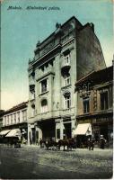 1916 Miskolc, Hitelintézeti palota, Fehér, Haász, Barna üzlete, automobil, lovaskocsi. Grünwald Ignác kiadása (EK)