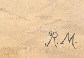 R. M. Jelzéssel, feltehetően XIX. sz. vége/XX. sz. eleje: Lovasszánt támadó farkasok. Tus, papír. Ki...