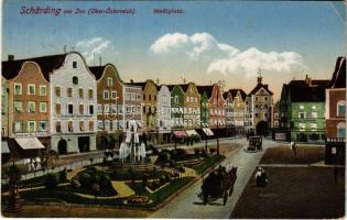 1918 Schärding a. Inn, Stadtplatz, Hotel Altmann, Eisenhandlung Franz Pinter, Baumgartner Wein Kaffeehaus / square, shops, hotel, wine hall and cafe, automobile (EK)