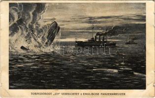 1915 Torpedoboot U9 vernichtet 3 Englische Panzerkreuzer / WWI Imperial German Navy (Kaiserliche Marine) art postcard, U-9 submarine sinks 3 English armored cruisers. Verlag F.H. & S. W. IX. Nr. H. 21. (Rb)