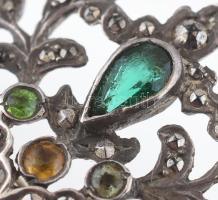 Ezüst (Ag) régi bross virágkosár, kövekkel ékített, jelzés nélkül, bruttó: 8,24g, 3,5x3,5cm