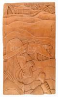Falusi életkép (gulyás marhákkal), faragott fa falikép, jelzett (Faragó, Kiskunfélegyháza, 1990), 43,5x25 cm