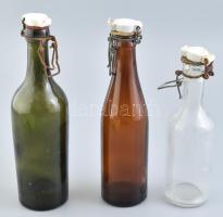 3 db régi csatos üveg, palack (Margitszigeti ásványvíz, sörös), m: 21-26 cm