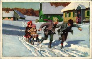Winter sport art postcard, sledding. Meissner & Buch Paul Hey Serie Nr. 3415. s: Paul Hey