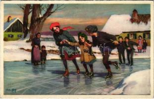 Winter sport art postcard, ice skate, skating. Meissner & Buch Paul Hey Serie Nr. 3415. s: Paul Hey