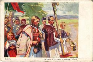 Gyetva, Detva; Búcsúsok / Procession. R. Promberger Ungarische Völkertypen: Slovaken aus Detva Serie II. s: Jar. Augusta