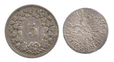 Svájc / Churi Püspökség 1708S-L 1kr Ag VII. Ulrich (0,50g)  + 1897. 5R Cu-Ni T:2,2- hajlott lemez Switzerland / Bishopric of Chur 1708S-L 1 Kreuzer Ag Ulrich VII (0,50g) + 1897. 5 Rappen Cu-Ni C:XF,VF curved coin