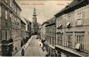 1910 Pozsony, Pressburg, Bratislava; Mihály utca, Wimmer József üzlete, Dr. Laufer kéjgáz üzlete. Divald Károly 890-1908. / Michaeler Gasse / street, shops