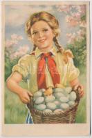 1953 Húsvét. Magyar kommunista propaganda úttörő üdvözlőlap. Művészeti Alkotások / Hungarian communist Easter greeting propaganda card, pioneer girl with eggs (EB)